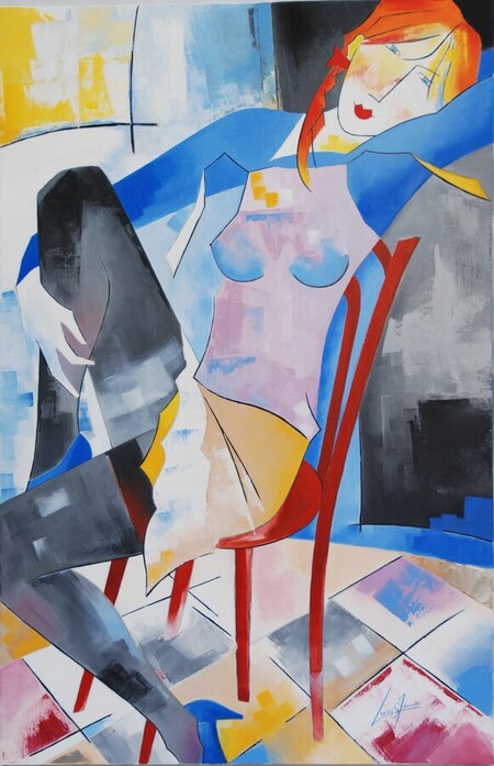 La derni&egrave;re pose. Huile sur toile 100 x 65 cm; Juin 2000