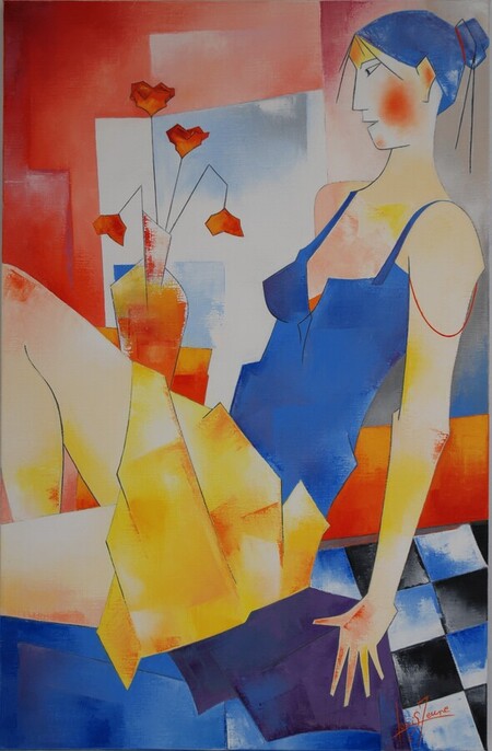 C&eacute;cile et le vase aux quatre fleurs. Huile sur toile 100 x 65 cm. Ann&eacute;e 2007