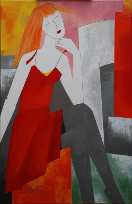 Demoiselle &agrave; la robe rouge. Acrylique  100 x 65 cm. Janvier 2026