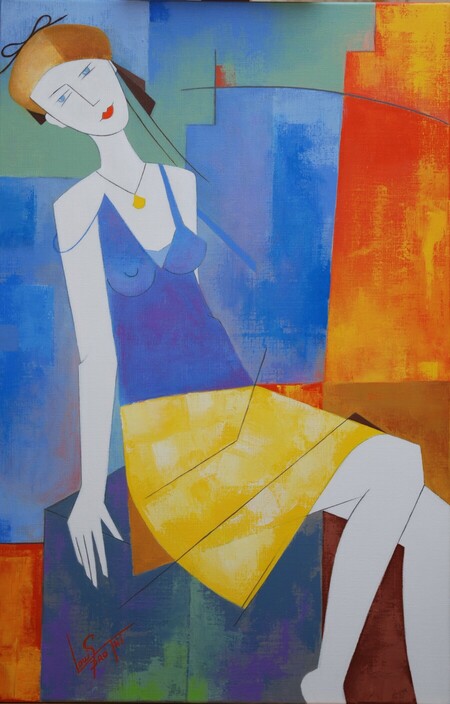Jeune fille &agrave; la jupe jaune. Acrylique 100 x 65 Cm. Octobre 2025
