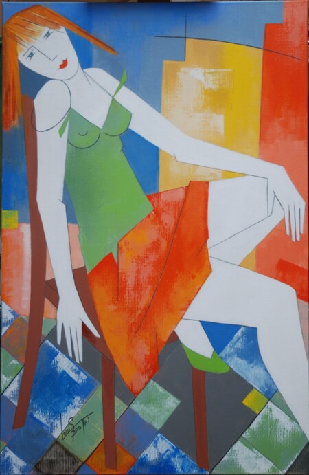 Jeune fille &agrave; la jupe orange. Acrylique 100 x 65 cm. Novembre 2025