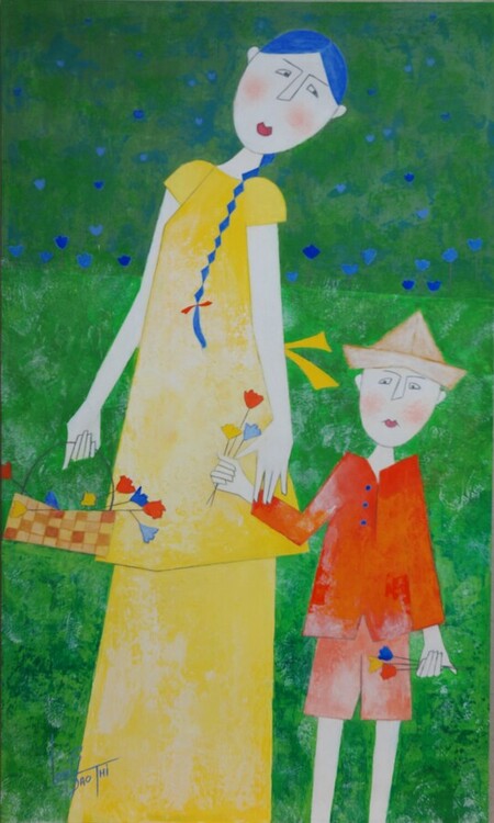 La cueillette des fleurs. Acrylique sur panneau MDF 55 x 33 cm. Juin 2024.